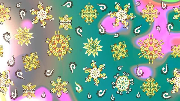 Colors. Raster illustration. Holiday design for Christmas and New Year fashion prints. Golden snowflakes. Christmas pattern with snowflakes abstract background.