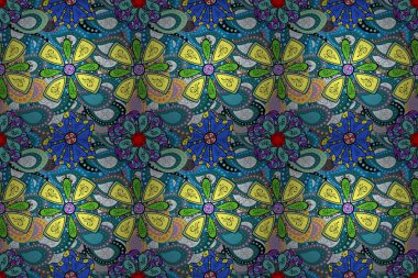 Soyut, etnik, kusursuz bir model. Vadinin çiçekleri siyah, sarı ve mavi renklerde. Çiçekler..