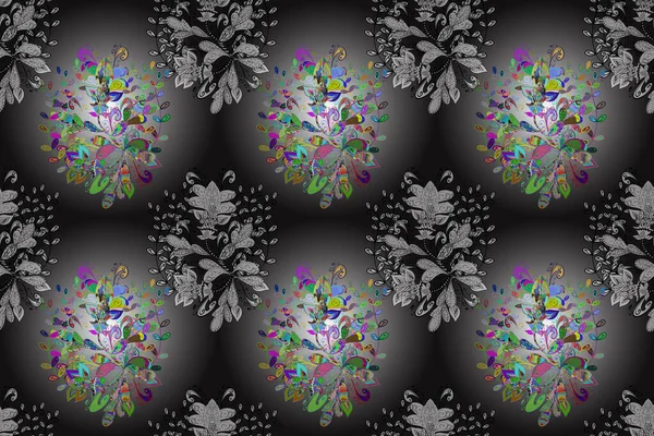 Millefleur 'lar. Tekstil, kumaş, kapaklar, duvar kağıtları, baskı, yapıştırma, yapıştırma kitabı, dekupaj için çiçeksiz bir arka plan. Küçük siyah, beyaz ve gri çiçekli oldukça eski bir besin torbası deseni..