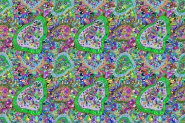 Çiçeksiz desenlerin resmi. Vadinin çiçekleri yeşil, mor ve mavi renklerde.