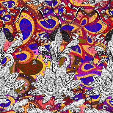 Şirin karalama çiçekleri olan kusursuz çiçek desenleri. El yapımı çiçek ve bitki koleksiyonu. Eskiz stili siyah, kırmızı ve beyaz renkler.