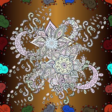 Düz Çiçek Elementleri Tasarımı. Renkli Yaz Temalı Kusursuz Arkaplan. Tarafsız, gri ve kahverengi renkte çiçekler. Çiçekli pürüzsüz retro desen.