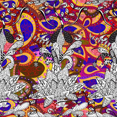 Vektör çizimi. El çizimi. Çiçekli, yapraklı, çiçeksiz çiçek desenli..