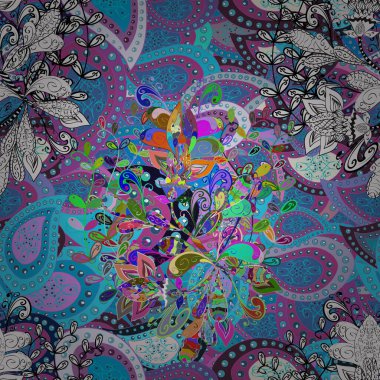 Çiçekli karalama şeklinde vektör deseni. Mor, beyaz ve mavi renkte çiçekler. Nazikçe, güzel çiçek arkaplanı..