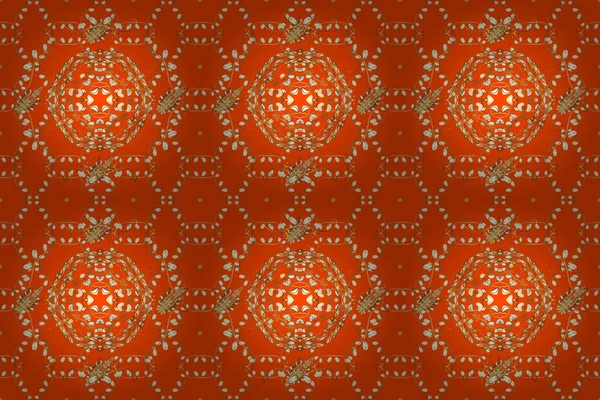 Traditional orient ornament. Golden pattern on orange, brown and yellow colors with golden elements. Seamless classic raster golden pattern. Classic vintage background.