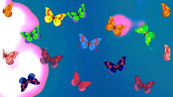 Butterflies on a blue, white and pink background. Design with butterflies. Endless. Raster illustration. Sketch, doodle, scribble. Sketch.