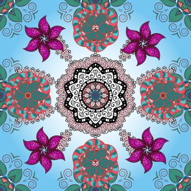 Vektör çizimi. Çiçekli güzel suluboya desen. Mavi, kırmızı ve nötr renklerde.