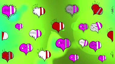 Kusursuz. Güzel kaligrafi yazıları, kalpler ve karalamalar olan aşk kalıpları. Renklere göre grafiksel. Çizgi film tarzında el çizimi çizimi. Ağ için sanat, baskı, kumaş. Kalpler.