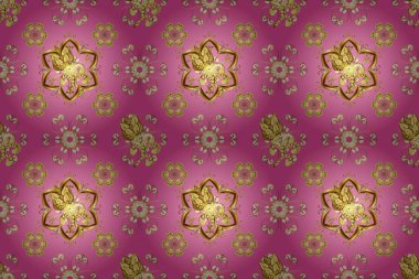 Duvar kâğıdı barok, İspanyol kumaşı. Şık bir grafik desen. Çiçek deseni. Kusursuz raster arka plan. Kahverengi, pembe ve sarı renklerde altın elementler.