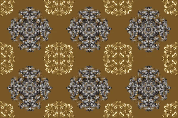 Golden pattern on brown, gray and beige colors with golden elements. Classic vintage background. Traditional orient ornament. Seamless classic golden pattern.