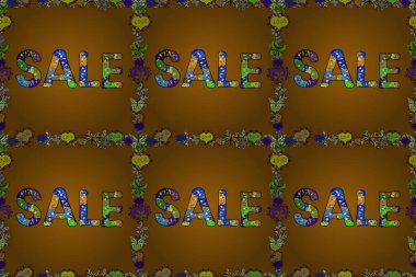 Sezon sonu özel teklif afişi. Mektup. Siyah, sarı ve kahverengi renkler üzerine illüstrasyon. Raster illüstrasyonu. Kusursuz. Satış afişi şablonu tasarımı, Mega indirimi özel teklif.