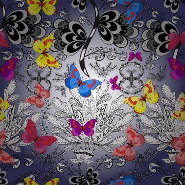 Çocuk kelebeklerin pürüzsüz deseni. Çocuk için vektör moda kelebekleri duvar kağıdı. Gri, beyaz ve mor arka planda güzel renkli kelebekler.