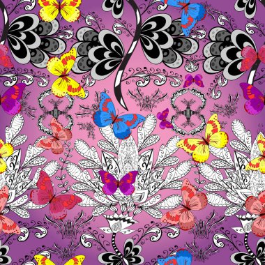 Pembe, beyaz ve mor renklerdeki renkli kelebeklerin kusursuz arka planı. Tekstil, duvar kâğıtları, web sayfası arkaplanları ve yüzey dokuları için mükemmel. Vektör illüstrasyonu.