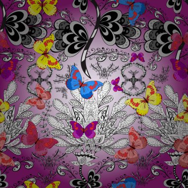 Bahar ve yaz tropikal kelebeklerin bembeyaz, nötr ve gri renklerde kusursuz desenleri vardır. Kelebek gölgeleri ve siluetler. Kumaş, kağıt ve ambalaj için uygun. Vektör illüstrasyonu.