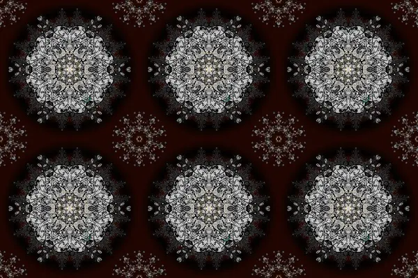 Raster floral wedding decorative elements. Seamless pattern mehndi floral lace of buta decoration items on brown, black and gray colors.