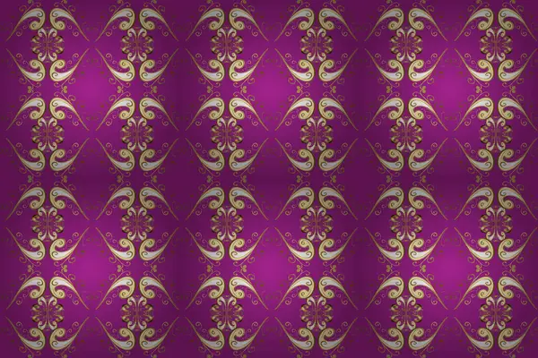 Seamless classic golden pattern. Golden pattern on purple, yellow and beige colors with golden elements. Raster traditional orient ornament.