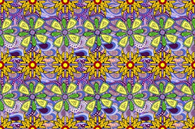 Sarı, nötr ve siyah renklerde etnik çiçeklerle kusursuz bir desen. Raster Çiçek İllüstrasyonu güzel tekstil..