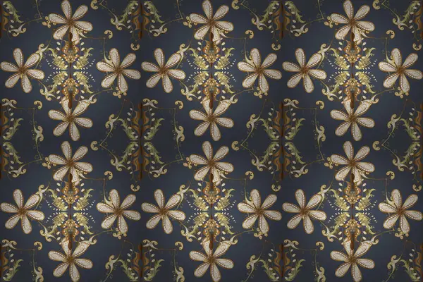 Seamless golden pattern. Blue, white and brown colors with golden elements. Raster golden floral ornament brocade textile and glass pattern. Gold metal with floral pattern.