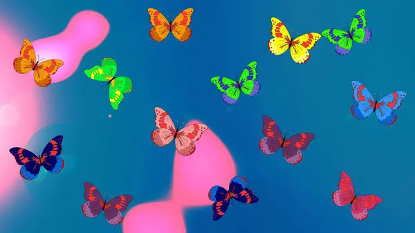 Cute background for paper, design of fabric, wrappers and wallpaper. Children butterfly sketch pattern. Art butterflies on blue, pink and red colors. Raster.