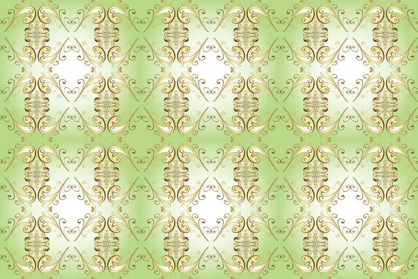Stylish graphic pattern. Floral pattern. Wallpaper baroque, damask. Seamless background. Golden elements on gray, green and neutral colors.