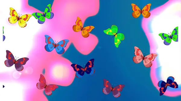 Raster illustration. Butterflies on a blue, pink and white background. Sketch, doodle, scribble. Design with butterflies. Endless. Sketch.