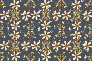 Kusursuz desenli altın elementler. Kart, duvar kağıdı, ambalaj ve tekstil için klasik tasarım. Klasik çiçek dokusu. Beyaz, mavi ve kahverengi renklerin kraliyet retro 'su. Altın şablon.