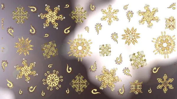 Christmas golden snowflake seamless pattern. Golden snowflakes on gray, white and brown colors. Symbol holiday, New Year celebration raster golden pattern. Winter snow texture wallpaper.