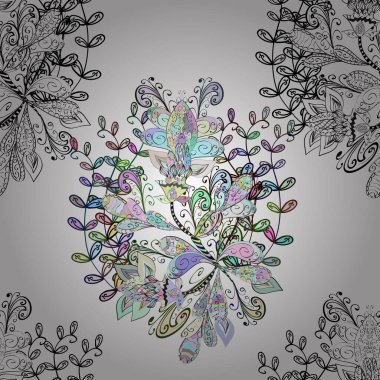 Çiçeksiz desenli, suluboya elle çizilmiş elementler. Parlak renkli fantezi çiçekleri, yapraklar, gri, tarafsız ve beyaz renkli tomurcuklar, gri, nötr ve beyaz.