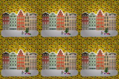 Raster illüstrasyonu. Doodle House Raster 'ın geçmişi. Sarı, beyaz ve bej renkli güzel binalar..