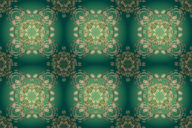 Altın şablon. Kusursuz desenli altın elementler. Bej, mavi ve yeşil renklerde Royal retro. Raster illüstrasyonu. Kart, duvar kağıdı, ambalaj ve tekstil için klasik tasarım. Çiçeksel klasik doku.