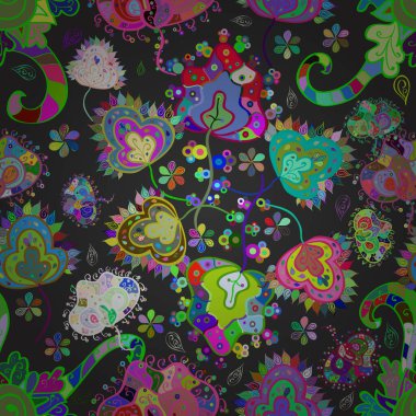 Kumaş, tekstil, duvar kağıdı baskısı için. Vektör çizimi. Renkli şal desenli, yeşil, mavi ve nötr çiçekler ve dekoratif elementlerle kusursuz desen. Kusursuz bir geçmişi var. Antika retro tarzı