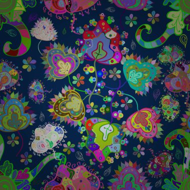 Sorunsuz çiçek desenli vektör çizim içinde. Fantezi kumaş deseni. Düz çiçek öğeleri tasarım. Bahar Tema Dikişsiz desen arka plan rengi.