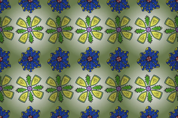 Tribal art boho print, vintage flower background. Background texture, wallpaper, floral theme in blue, yellow and neutral colors. Abstract ethnic raster seamless pattern.