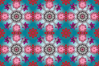 Elle çizilmiş çiçek deseni (fayans). Tekstil için dikişsiz suluboya desen. Sevimli çiçeklerle, desenli, turuncu, nötr ve mavi renklerle renksiz desen.