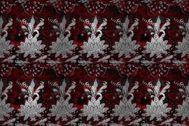 Klasik çiçek tasarımı elementleri. Raster illüstrasyonu. Siyah, beyaz ve kırmızı kıvırcık çiçekler siyah, beyaz ve kırmızı renkte şekillenir.