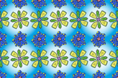 Tarafsız, mavi ve sarı renklerde Asya tekstili. Çiçeklerle suluboya desenleri.