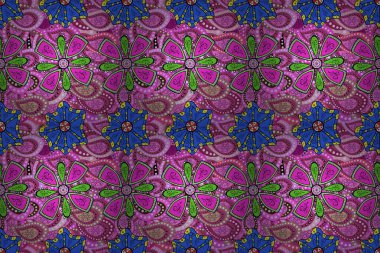 Mor, pembe ve mavi arka planda. Çocuksu tasarım. El çizimi çiçekli, pürüzsüz bir desen. Tekstil, kumaş, ambalaj, hatıra defteri için güzel çiçek arkaplanı..