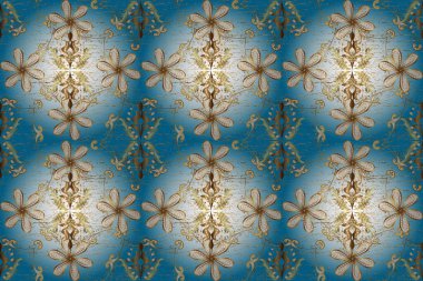 Barok tarzında duvar kağıdı tasarımı için kusursuz damaske deseni arkaplanı. Süslü raster dekorasyonu. Altın desenli mavi, beyaz ve nötr renklerde altın elementler.