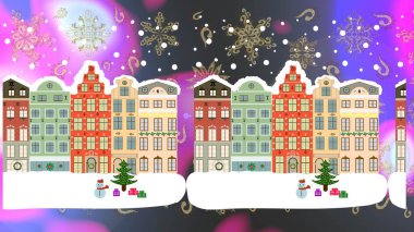 Raster. Tatil havası. Şirin manzaralı küçük bir ev. Beyaz, nötr ve gri renkte resimler ve Noel ağacı.