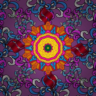 Renkli Bahar Temalı Kusursuz Arkaplan. Düz Çiçek Elementleri Tasarımı. Çiçeksiz desenli arka plan, yaz çiçekleri. Mor, siyah ve mavi renkte çiçekler.