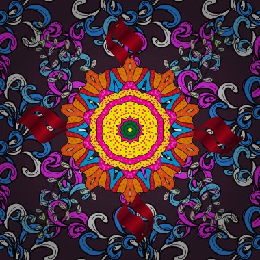 Renkli Bahar Temalı Kusursuz Arkaplan. Düz Çiçek Elementleri Tasarım Vektörü illüstrasyonu. Çiçeksiz desenli arka plan. Mor, siyah ve mavi renkte çiçekler.