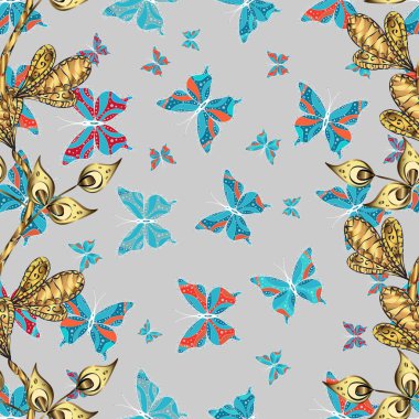 Repeating insect fabric clipart for clothing fabric. Spring butterfly theme. Endless. Sketch, doodle, scribble. Lovely seamless butterfly cloth background on gray, blue and yellow. clipart