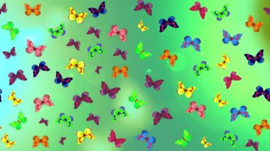 Renkli unsurlarla hareketli arka plan görüntüleri. Suluboya desenli el çizimi kelebekler. Hoş renklerde resimleme.
