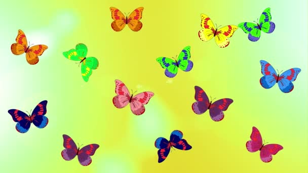手描きのシルエット蝶の模様を水彩の質感で背景映像 楽しい色のイラスト ヴィンテージ風のイラスト — ストック動画