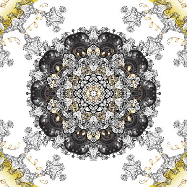 Mandala deseni. Doğu, İslam, Tayland, Hint, sedir motifleri. Etnik doku. Arap Vintage dekoratif süsü. Mandala gri, beyaz, siyah renkli. Doğu, simetri danteli, meditasyon sembolü.