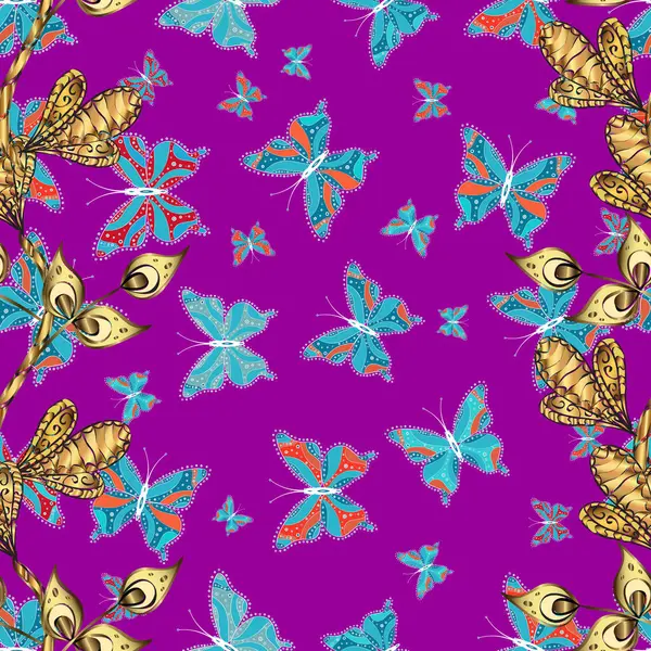 Watercolor colors butterflies isolated on purple, blue and yellow background. Pretty butterfly with spring palette for child. In vintage style.