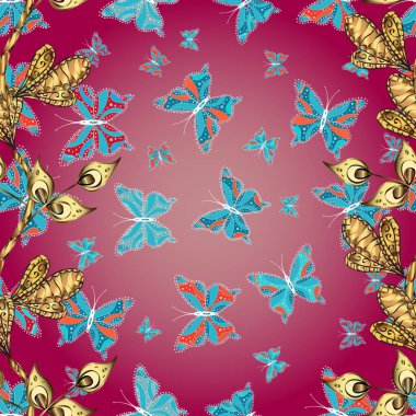 Güzel kelebek vektör çizimi tasarımı. Pembe, mor ve mavi renkli resimler. Kusursuz. Ambalaj kağıtları ve duvar kağıtları için sevimli bir arkaplan, kumaş tasarımı, kağıt.