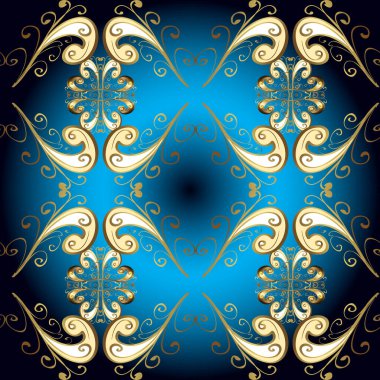 Damask arkaplanı. Altın çiçekli, pürüzsüz desen. Bej, siyah ve mavi renklerde altın bir element. Barok tarzında altın çiçekli süs..