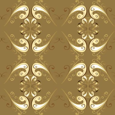 Barok tarzında duvar kağıdı tasarımı için kusursuz damaske deseni arkaplanı. Süslü vektör dekorasyonu. Altın desenli sarı, bej ve nötr altın elementlerle.