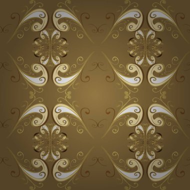 Tarafsız, sarı ve bej renklerde, altın elementli klasik, pürüzsüz desen. Vektör illüstrasyonu.